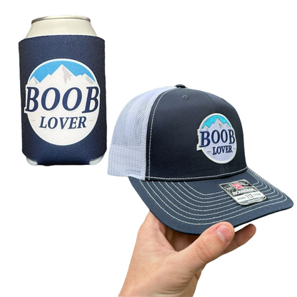 "B00B L0VER" Hat and Beer Can Cooler Bundle - Parody of Busch Light Hat and Can Cooler